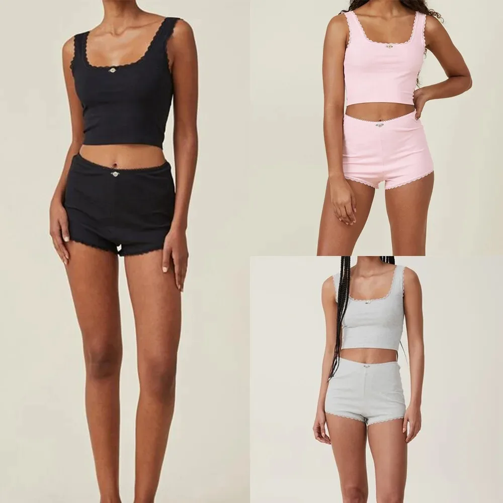

Women's 2 Piece Lounge Set Sleeveless Lace Trim Cami Tops Skinny Shorts Sleepwear Sets Casual Elastic Loungewear Summer