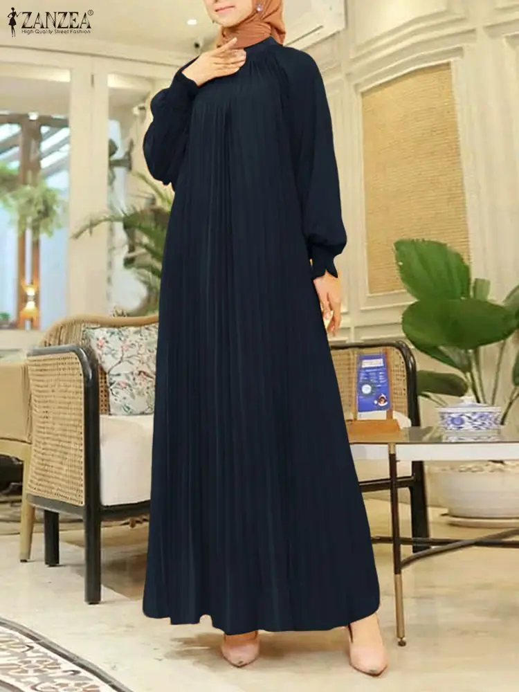 

Женские осенние платья макси 2025 ZANZEA, мусульманский халат Абая, женский элегантный однотонный плиссированный сарафан с длинными рукавами, длинное платье-кафтан