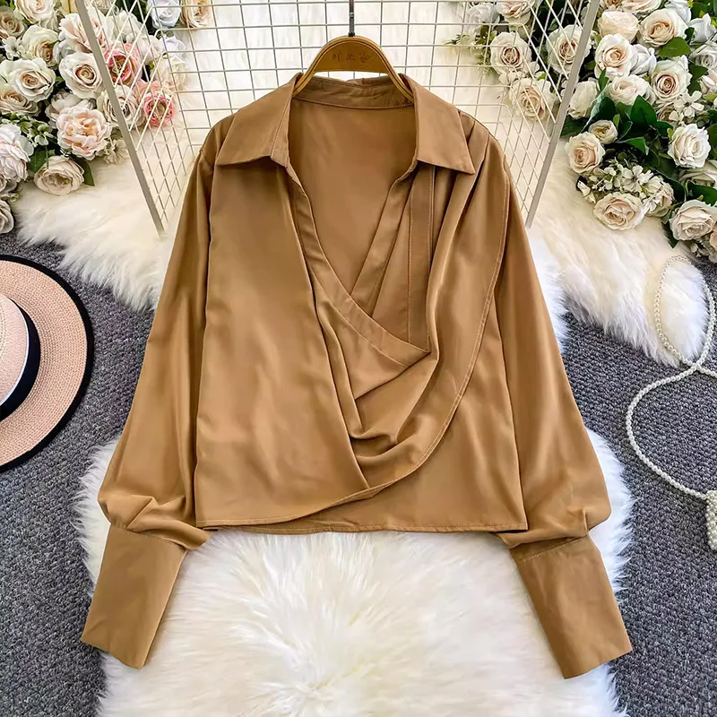 

French High-End Satin Elegant Swing Collar Lantern Sleeve Shirt Women, Loose Fit, Slimming, Sexy, Royal Sister Style Top For