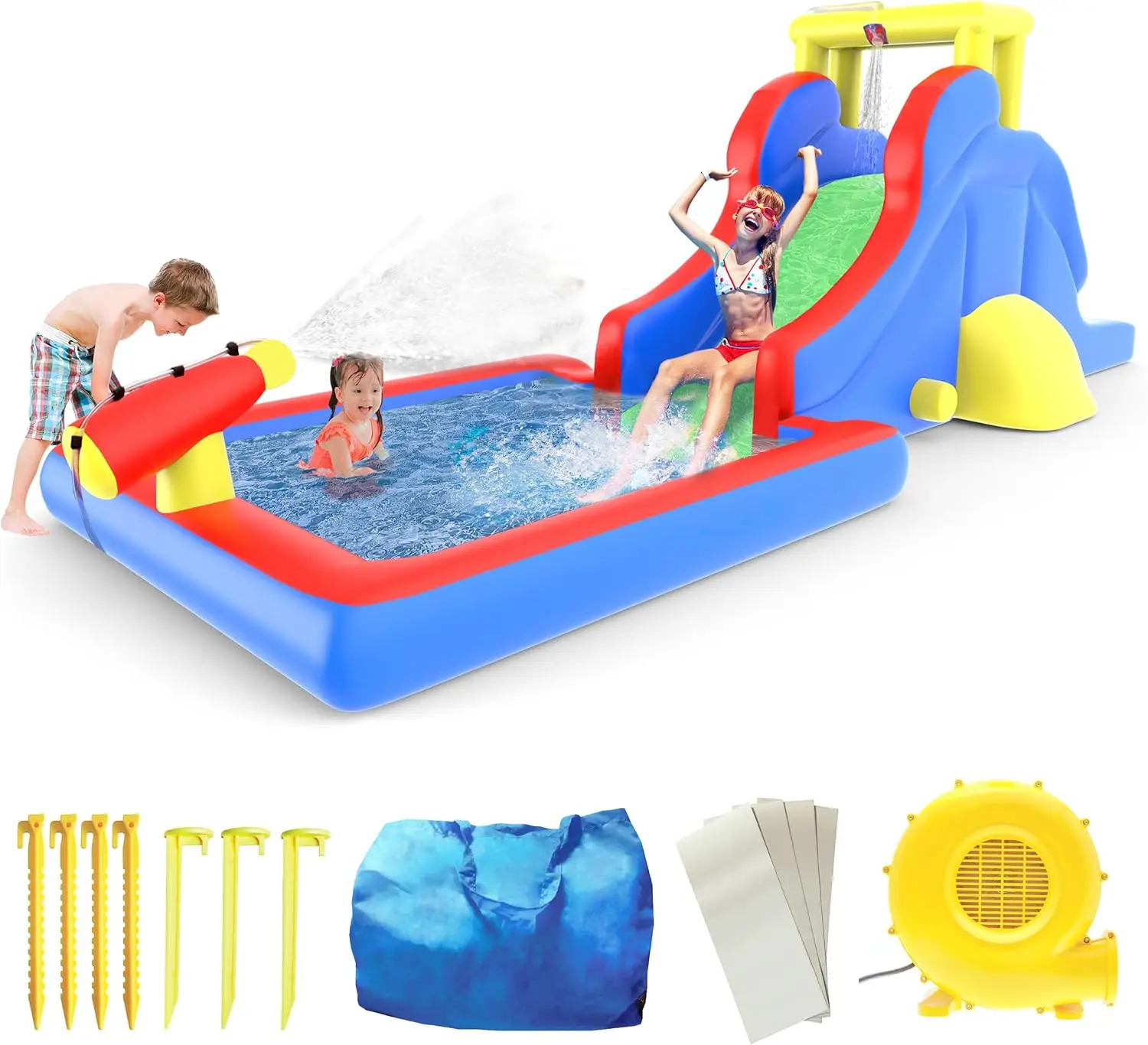 Casetta rimbalzante gonfiabile per parco con scivolo d'acqua con area piscina (zona spruzzi), parete da arrampicata, supporti per spruzzi per soffione doccia, canna da acqua Mou