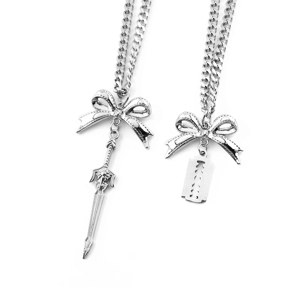 Stainless Steel Bow Knot Razor Blade Sword Pendant Necklace for Men Women Silver Color Punk Y2K Grunge Chain Necklaces Jewelry