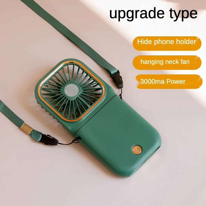 New portable USB folding fan with multi-function features, including charging treasure, phone stand, neck hanging, and mini desk