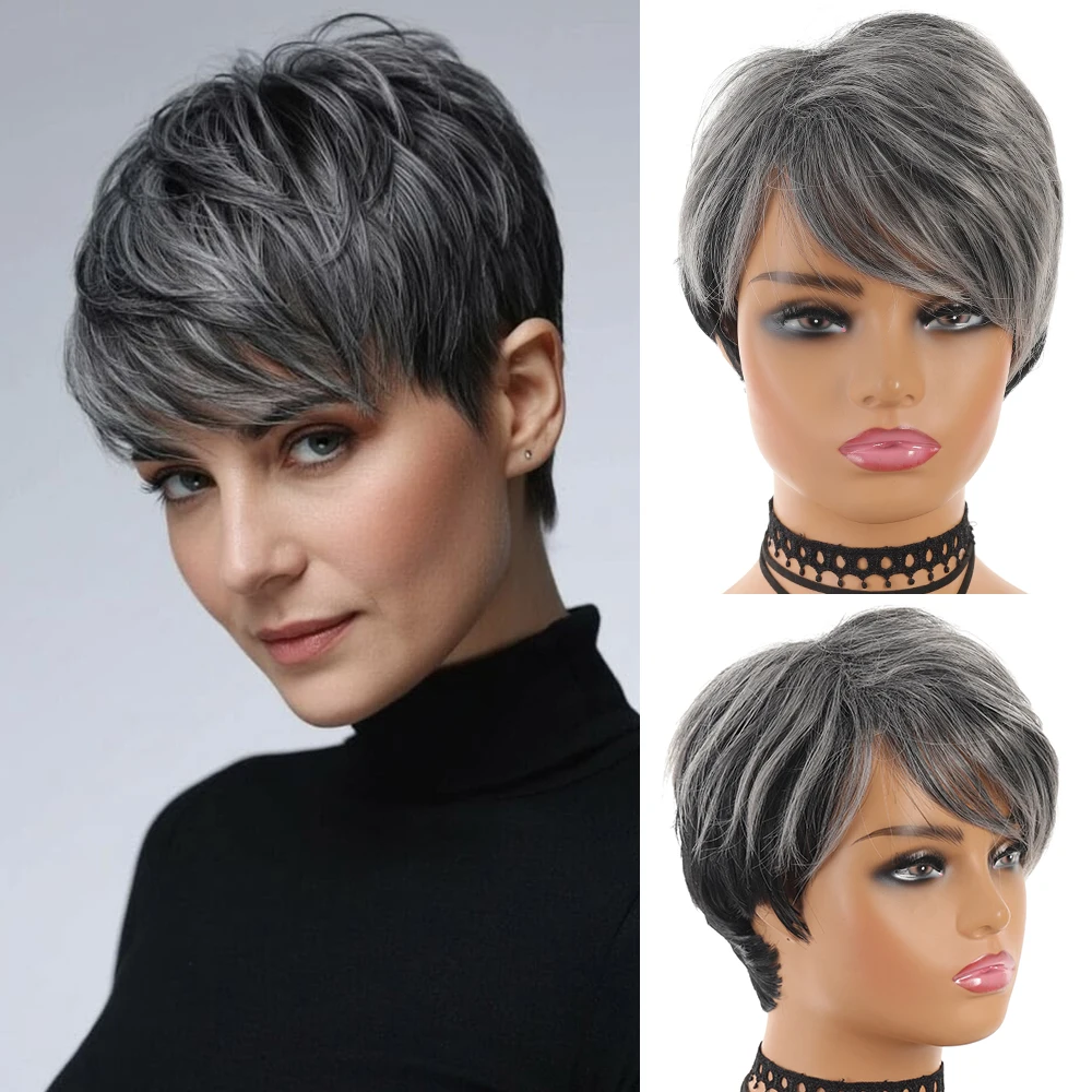 Gradient silver gray synthetic short hair mother headgear wig oblique bangs high-end hair set heat-resistant wig ﻿