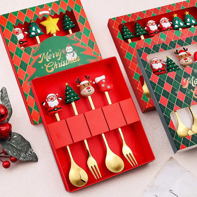 1/2/4/6PCS Stainless Steel Spoon Christmas Dessert Spoon Cake Fork Cartoon Christmas Tree Elk Spoon Fork Christmas Gift Box