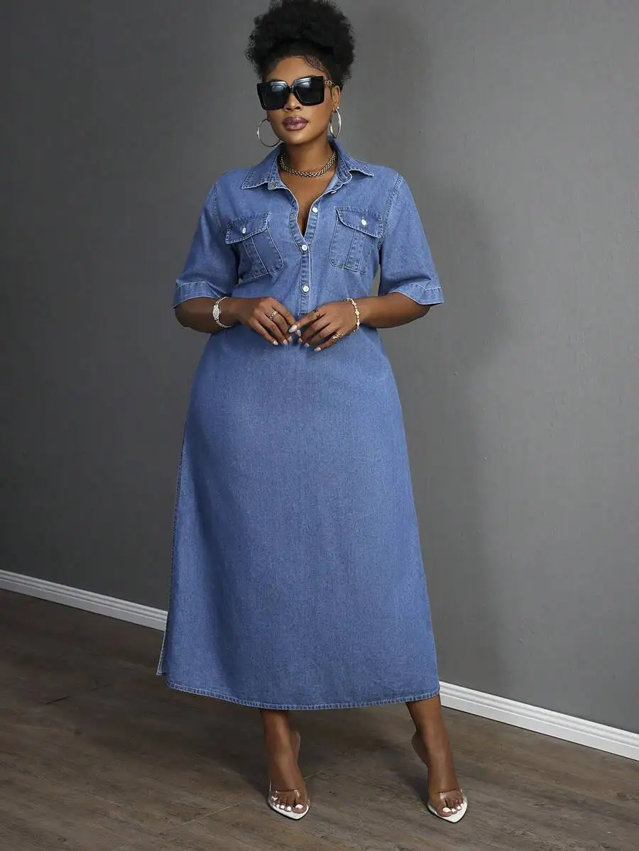 

Plus Size Blue Denim Shirt Dress Short Sleeve Casual Summer Women Maxi Dress