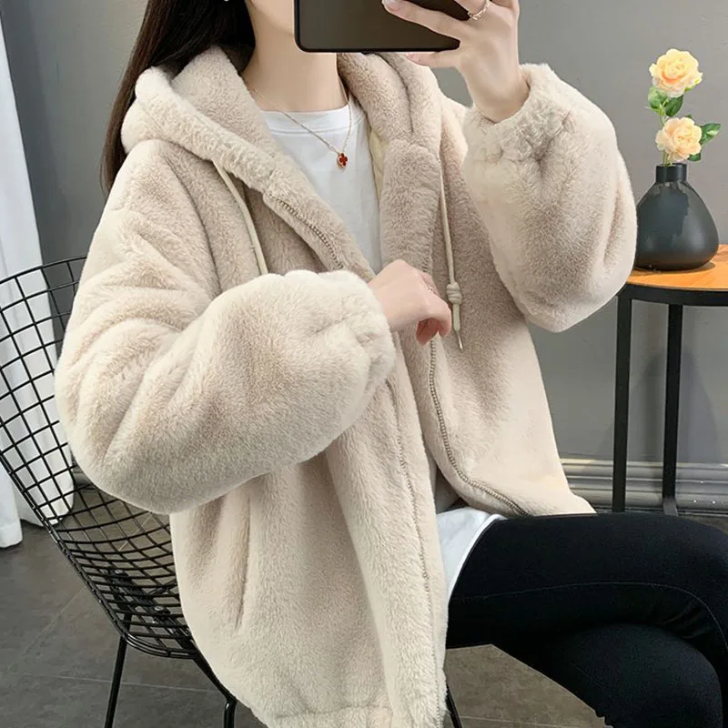 Lucyever Women\'s Pink Faux Fur Hooded Jackets Loose Thick Warm Imitation Rabbit Fur Outwear Autumn Winter Mid-Length Plush Coat