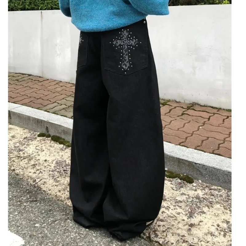 

Женские джинсы с высокой талией и широкими штанинами, повседневные, в рабочем стиле, свободного кроя, из хлопкового денима, черные, длиной в пол, с карманами