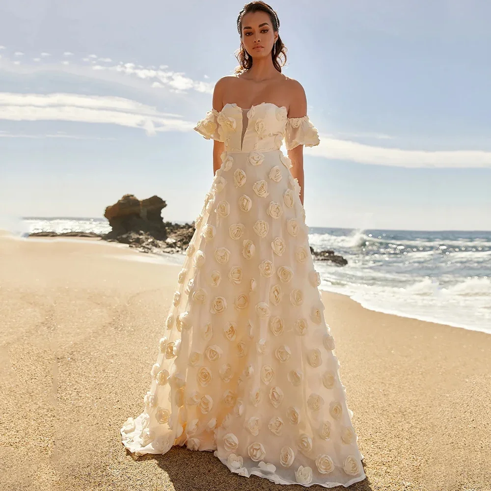 Flechazo 3D Flowers Sweetheart Prom Dress Short Sleeves Classic A-Line Floor Length Women Custom Made Famous Party Gowns