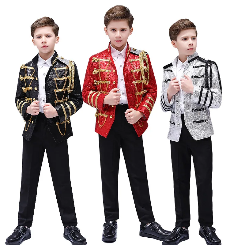 

Children Sequined Tassel European Suit Set Flower Boy Army Dress Stage Show Palace Prince Performance Clothes Kids Blazer Pants