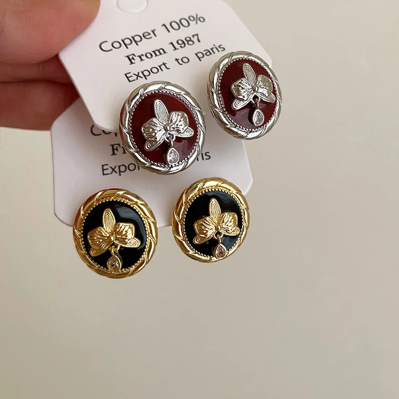 

Vintage Enamel Oil Drip Round Stud Earrings for Women 925 Silver Needle Butterfly Pattern Earrings Fashion Party Jewelry