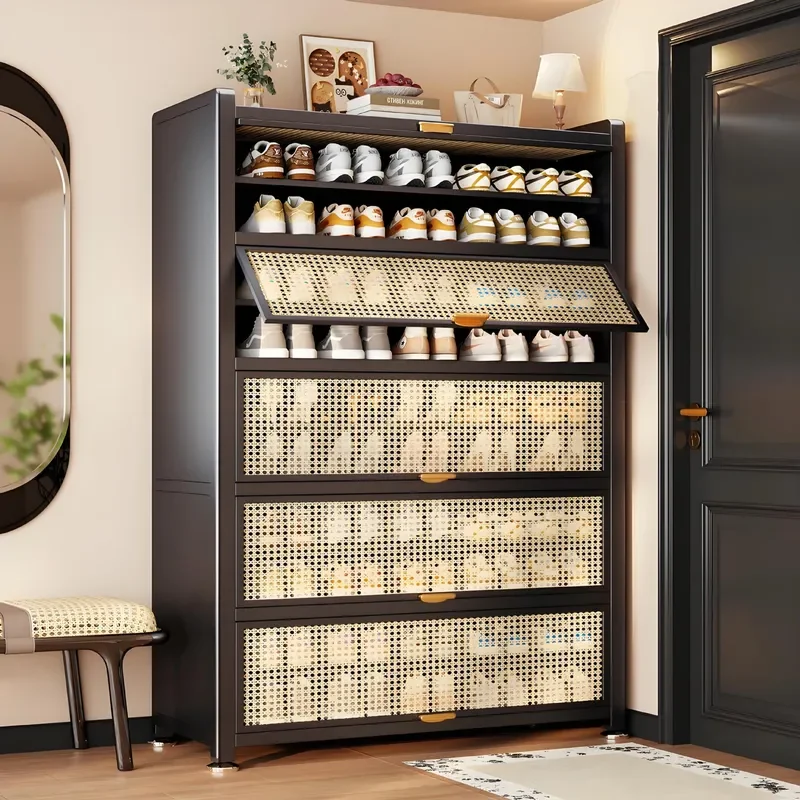 for Rattan Flip Door Shoe Cabinet Household Dust-proof Multi-layer Steel Storage Integrated Large Capacity Entrance Shoe Rack