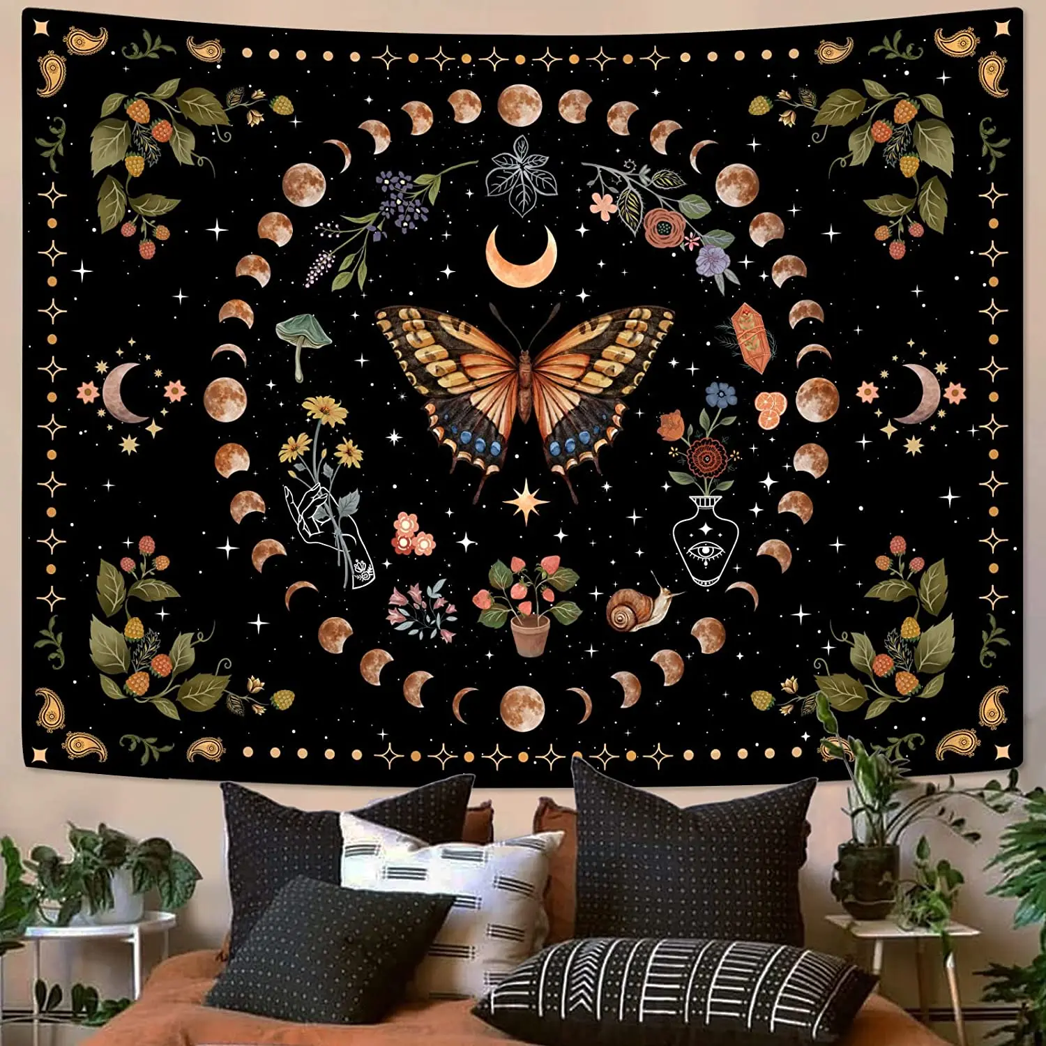 VIKAMA Dark Skeleton Moon Art Tapestry Black Gothic Style Bedroom Background Wall Decoration Retro Tapestry Room Decoration
