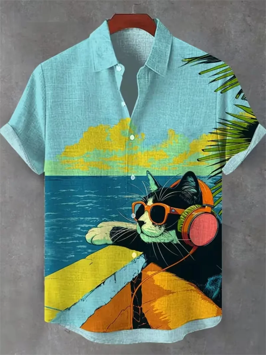 

Cat pattern men's linen short sleeved shirt, fashionable trend, loose top, street outdoor, casual and comfortable