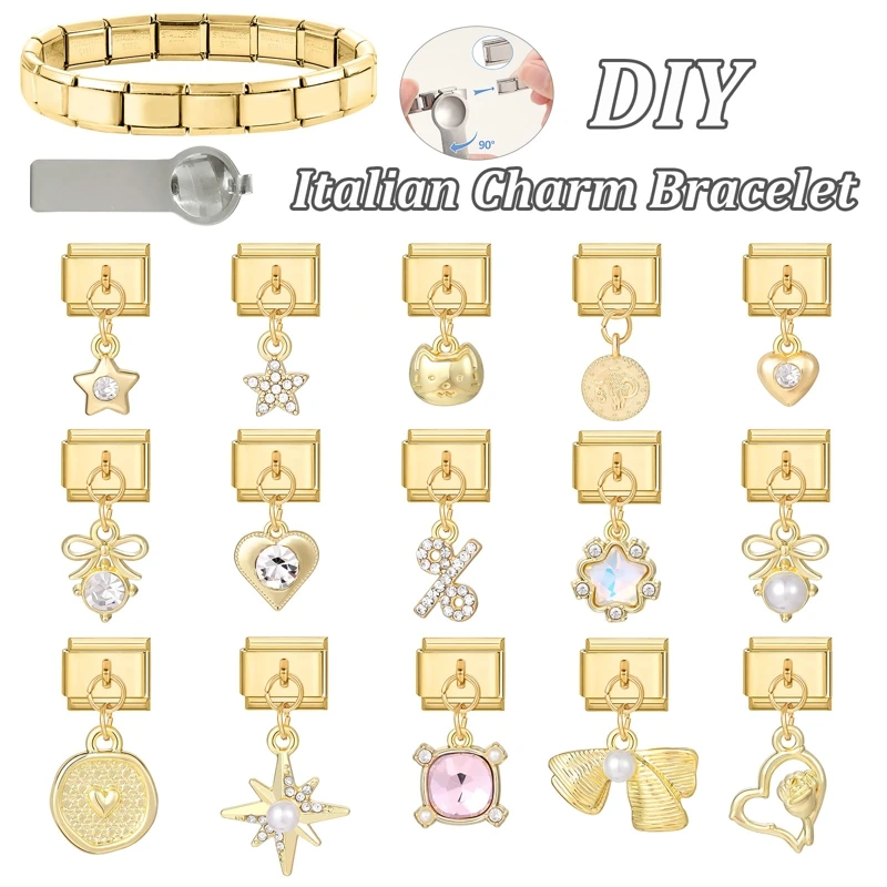 Новый-золотой-винтажный-звездный-сердечный-бант-с-узлом-итальянские-эластичные-подвески-подходят-для-браслета-9-мм-женские-ювелирные-изделия-браслет-из-нержавеющей-стали-«сделай-сам»-из-бисера