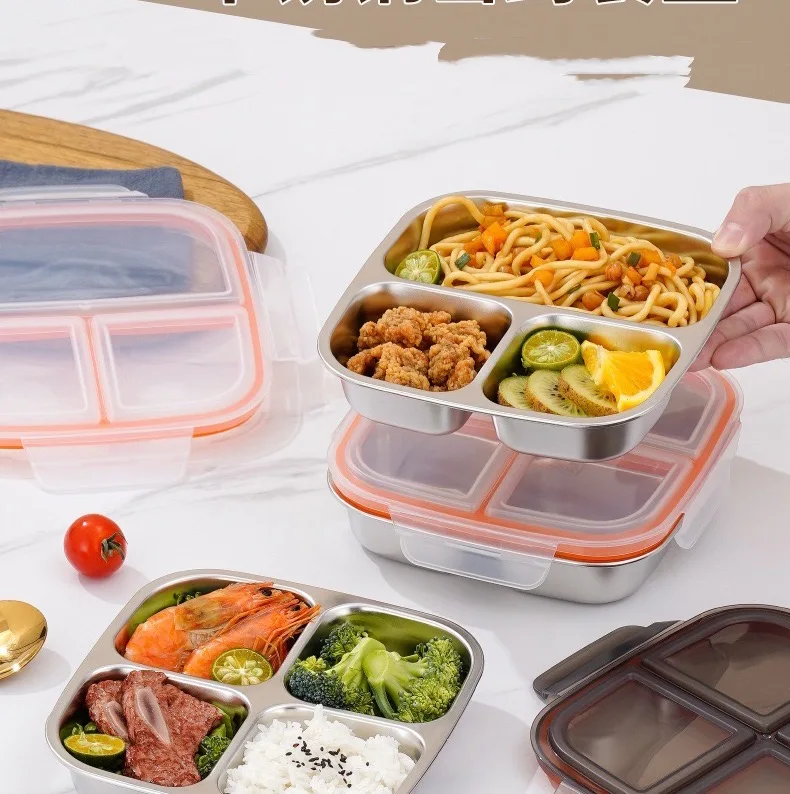 Stainless Steel Four-Compartment Lunch Box, Special Meal Box for Portion Control and Fat Reduction, Compartmentalized Bento Box for Office Workers, Refrigerator Storage Sealed Box