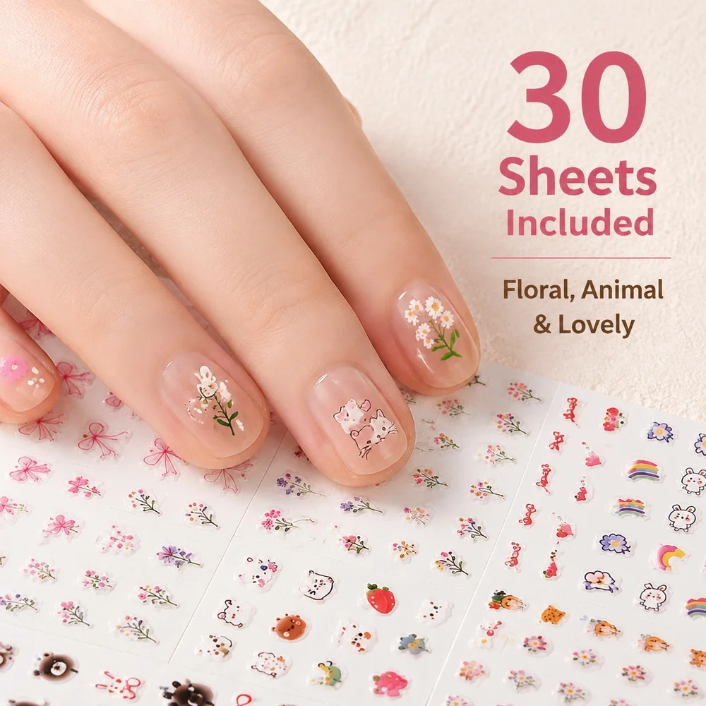 30Pcs Multiple Pattern Nail Art Stickers Set Sweet Cartoon Flower Bow Heart Adhesive Decals For Acrylic Press‑On Nails DIY