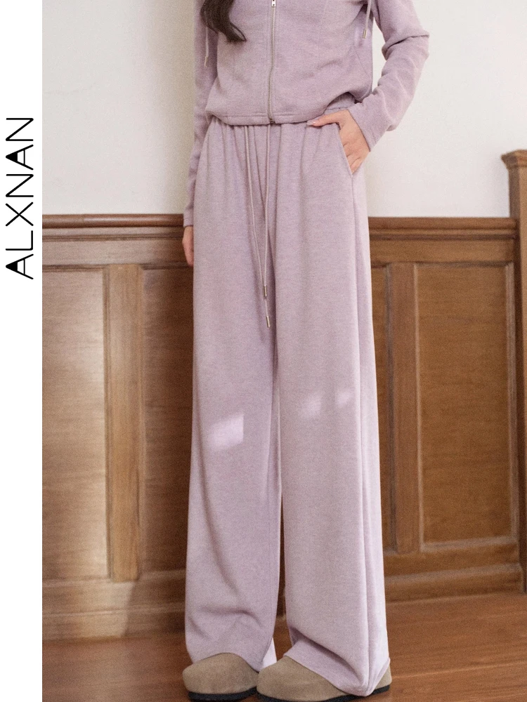 

ALXNAN Purple Pants Women Casual Sports Wide-leg Baggy Pants 2025 Fall Elegant Elastic Waist Drawstring Trousers Female L58703