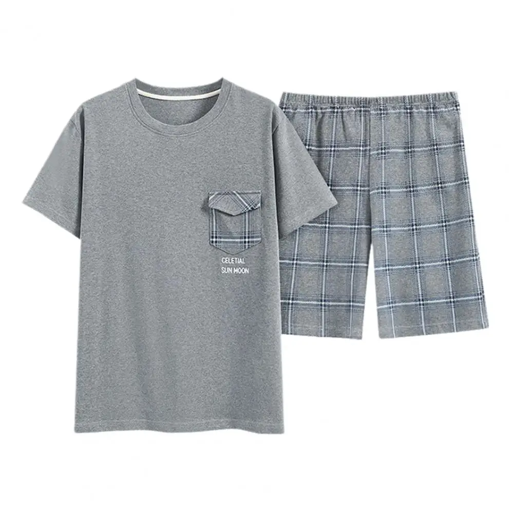 Men Leisurewear Set Men's Summer Pajamas Set with O-neck Tee Shirt Wide Leg Shorts Plaid Pants Shorts Pajamas Set for Leisure