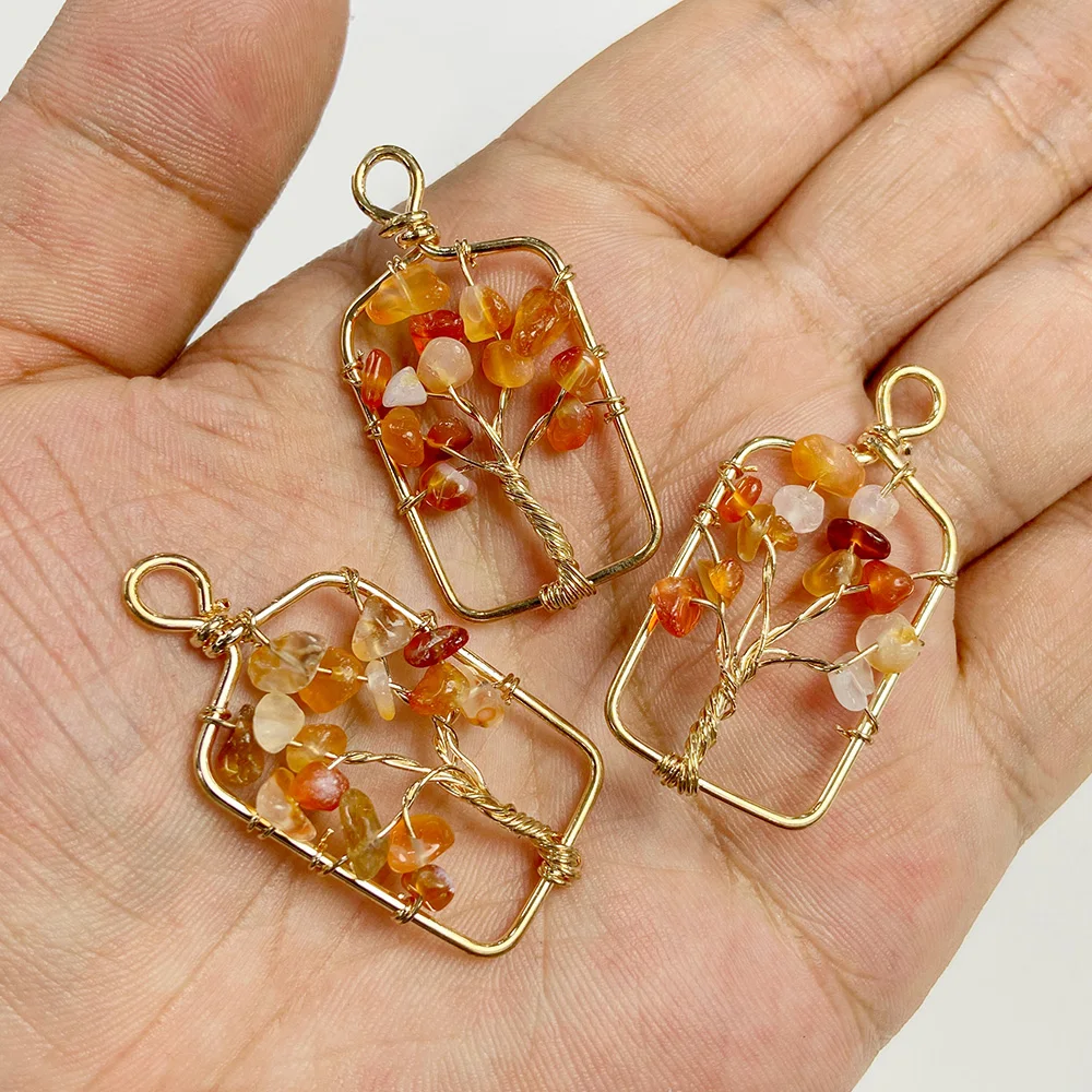 3PCS Natural Stone Aquamarines Opalites Chip Pendants Wire Wrap Tree of Life Charm For DIY Jewelry Making Earrings Neckalces