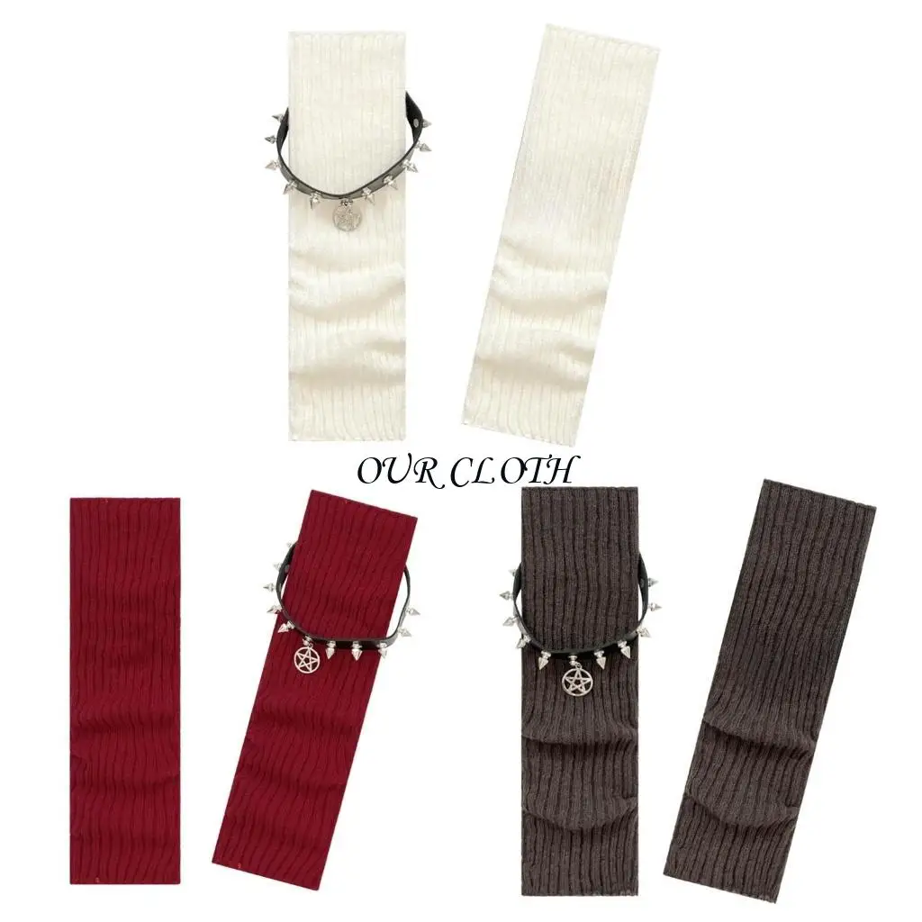 Motorcycle Punk Leg Warmers Boot Toppers with Star Rivets Leather Belt Ribbed Knitted Leg Covers Socks for Women Girls Y1AC