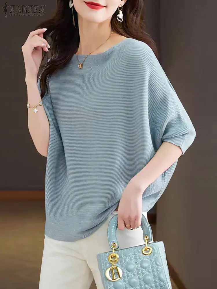 ZANZEA Damskie bluzki z okrągłym dekoltem Casual Loose Batwing Half Sleeve Blouse 2024 Summer Solid Color Tunic Elegant Office Lady Blusas