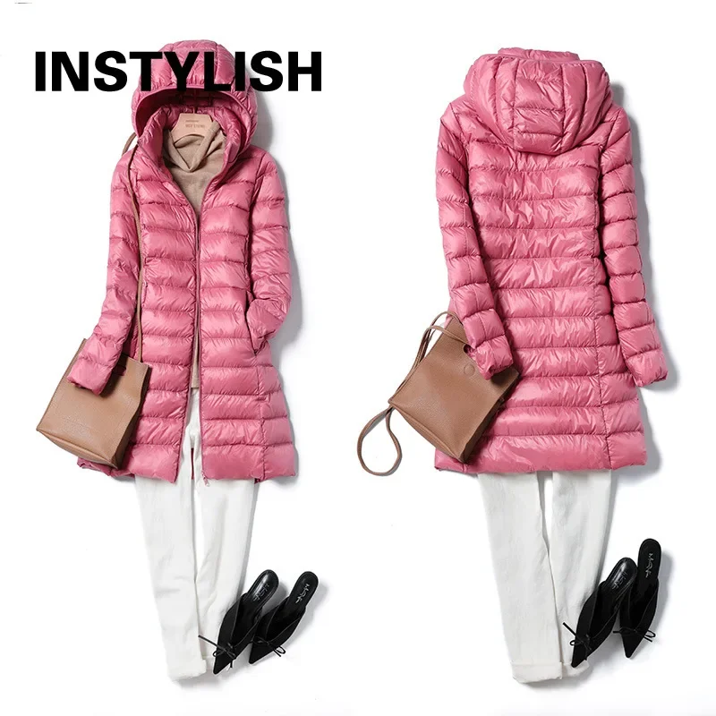 Women Elegant Lightweight Down Coat Casual Solid Slim Long Jacket Korean Harajuku Thin Removable Hooded Padding Puffer Outwear