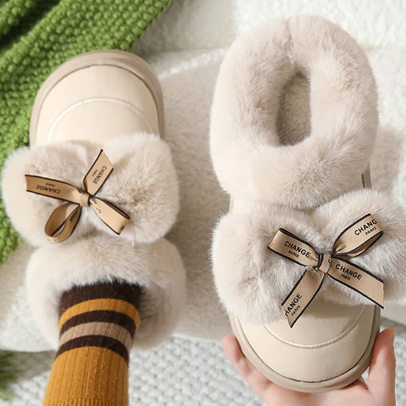 

Lovely Bowknot Fluffy Slippers for Women 2025 Winter Plush Warm Cotton Shoes Woman Comfortable Non Slip Home Slippers Female