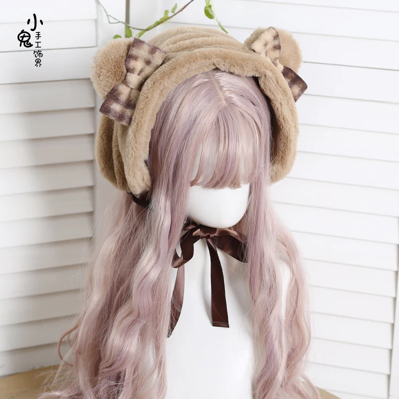 Japanese sweet autumn and winter hat Lolita brown bear ear plaid wild ear protection cap warm cute plus velvet earmuff cap