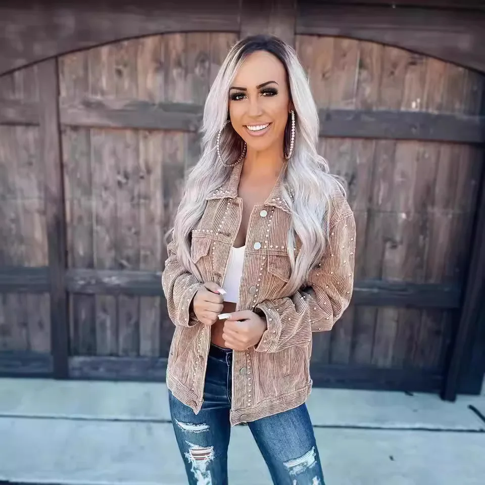 

2025 Early Autumn New Casual Fashion Corduroy Rivet Long Sleeved Jacket 22273