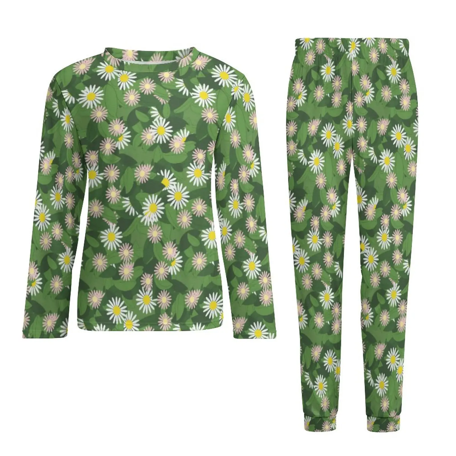 Daisy Floral  Print Pajamas Long Sleeves Green Leaves Two Piece Sleep Pajama Sets Winter Men Graphic Trendy Oversized Sleepwear