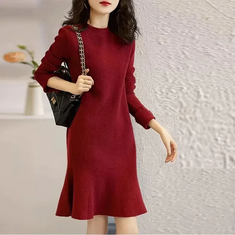 Medium-length Pure Wool Red Dress Women's Autumn Winter Inner Petite Knit Sweater Base Fish Tail Skirt