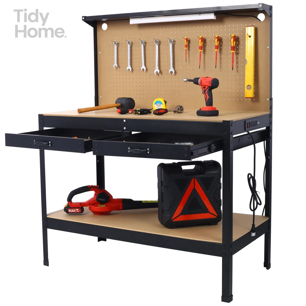 

Steel Workbench WITH led light, Tool Storage Work Bench, Workshop Tools Table WITH Drawer and Peg Board , built-in power panel
