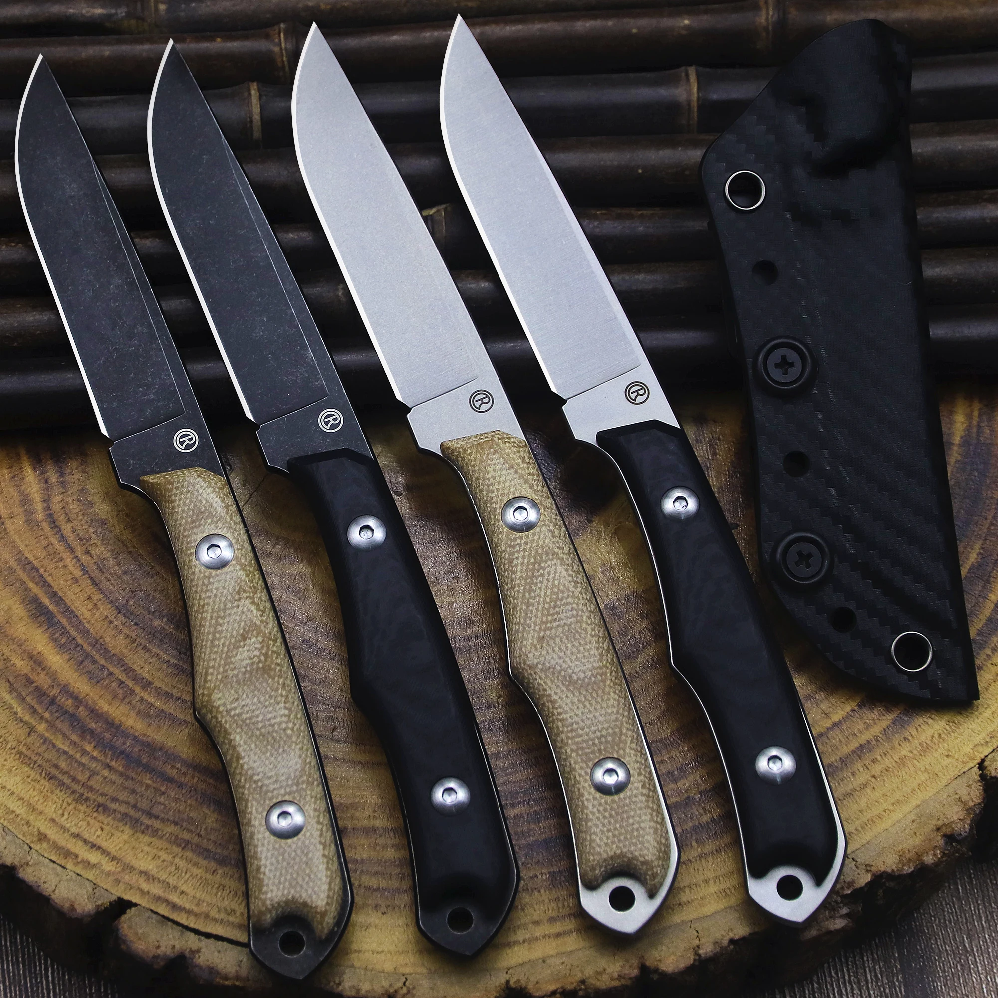 C.R (Inyoni) Sandvik Steel All Down Camp Cuchillo recto + funda, cuchillo de caza de jungla de lino y fibra de carbono, cuchillo de supervivencia