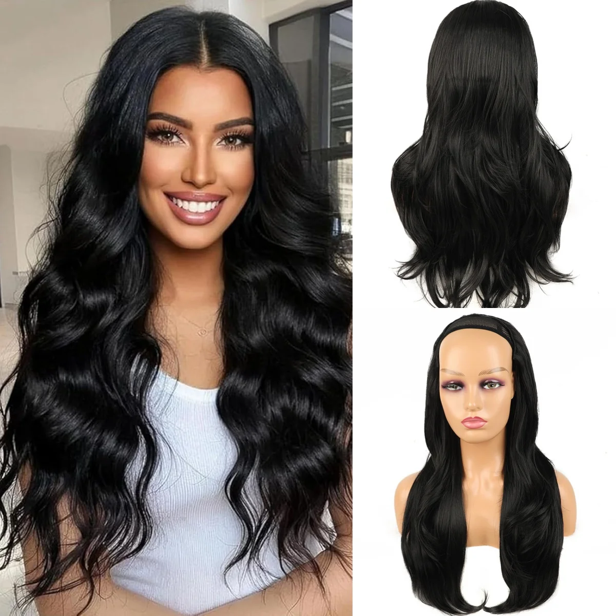 

Synthetic Long Wavy Half Wig U-Part Clip-in Hair Extension for Women 24 Inch Head Tied Fibers Hair Wig