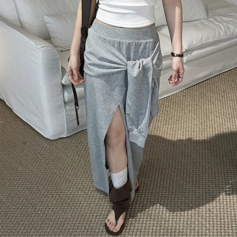 ANJY Spring Summer New Women Korean Style Design Waist-Sleeve Bandage Fashion Patchwork Solid Color Half-Wrap Long Skirts A22450