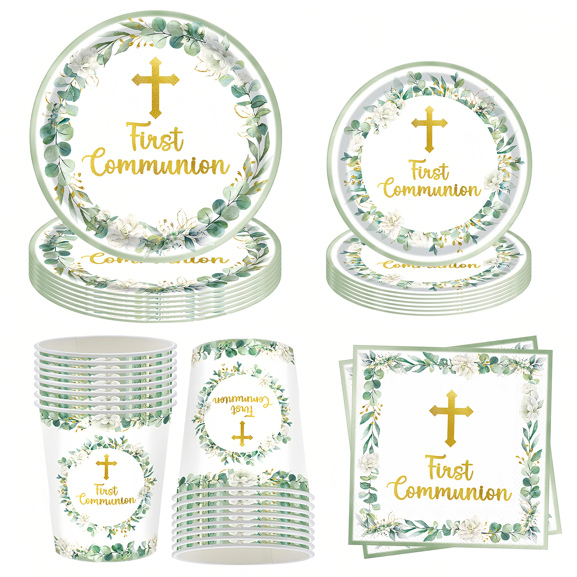 80 Piezas de Decoración para Primera Comunión, Platos, Vasos, Servilletas, Artículos para Fiesta de Primera Comunión, Bautizo