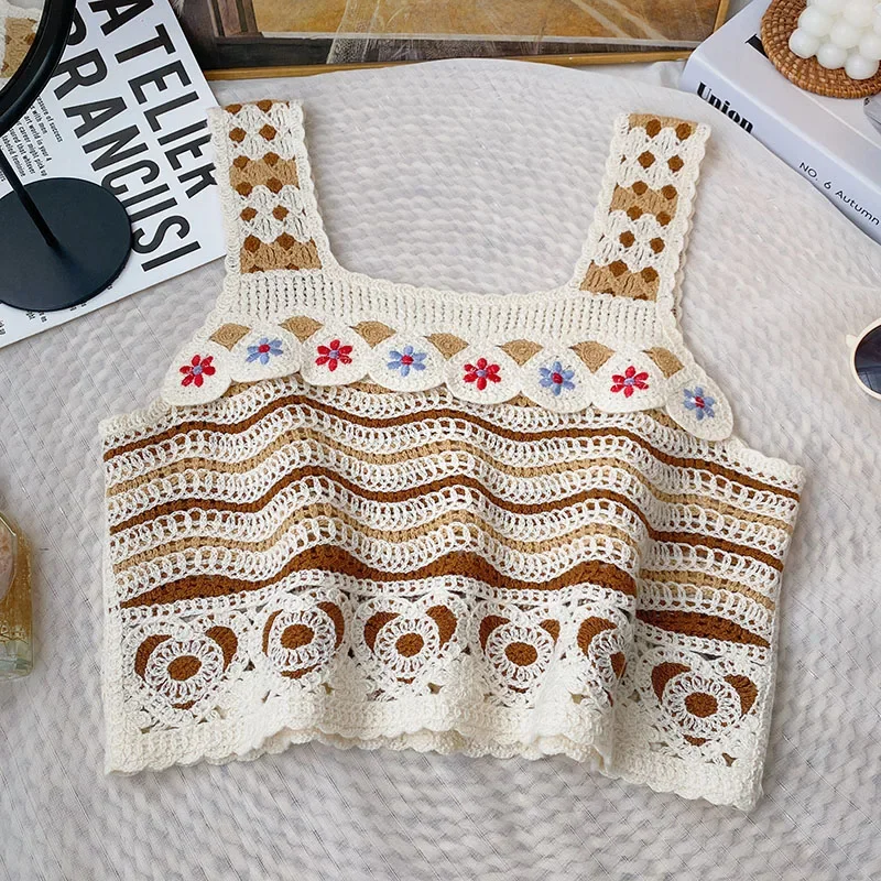 Crochet Tank Top Embroidery Open Knit Square Sleeveless Crop Top Women's Summer Fairycore Cottagecore Granny Vintage Outfit