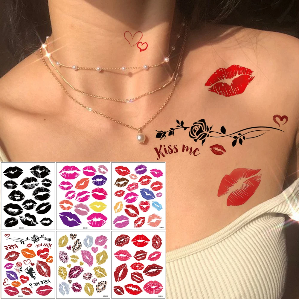 Autocollants pour le corps de la saint-valentin, 6 pièces, faux tatouage imperméable à lèvres rouges pour femmes, tatouages temporaires en forme de cœur Rose, décor de corps de mariage