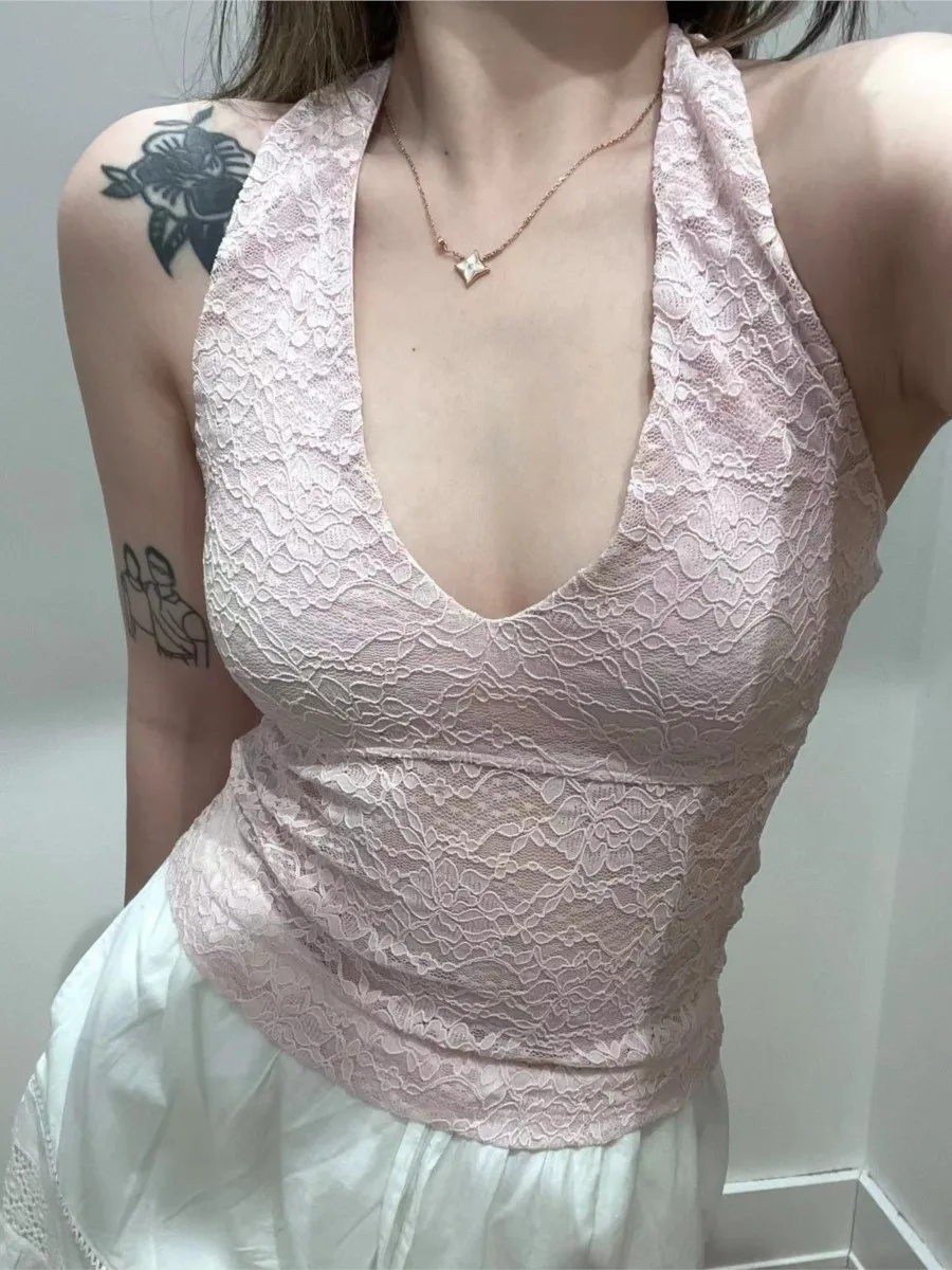 

Lace See Through Halter Neck Tank Tops Women New Casual Sexy Streetwear Cotton V-neck Sleeveless Vests Sweet Chic Vintage Camis