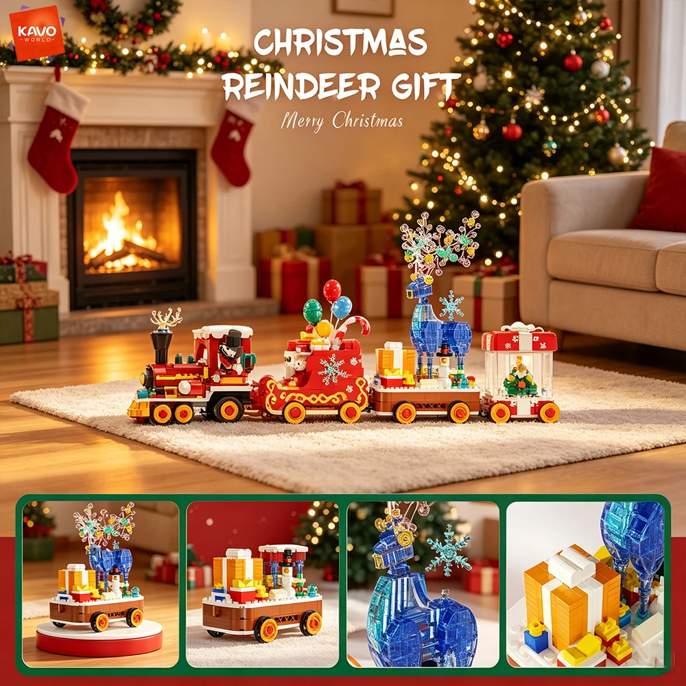 KAVOWORLD 1461PCS Christmas Train Building Blocks Set Santa Snowman Figure Model Xmas Home Tabletop Decoration Present for Child