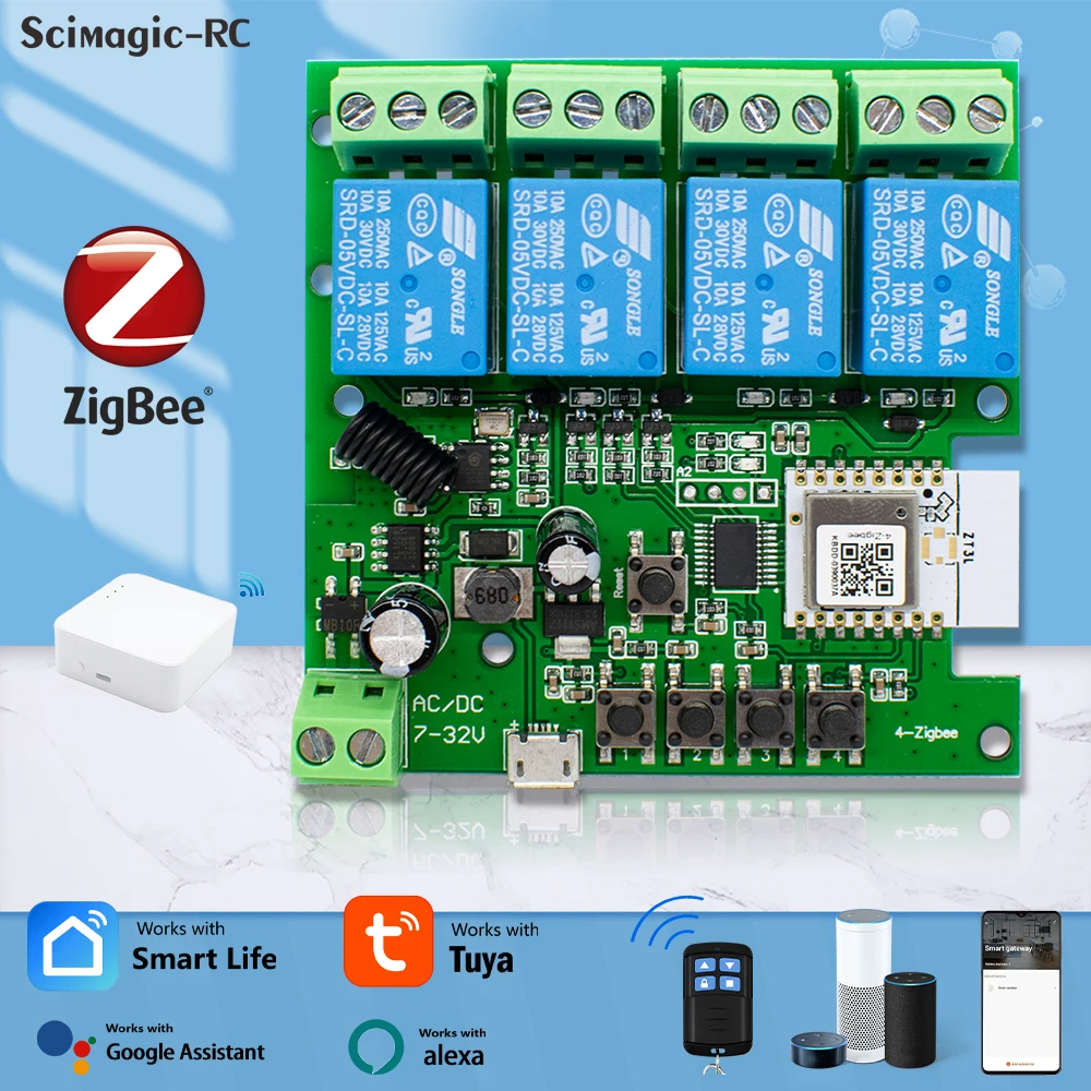 Zigbee Tuya 4 Channel Smart Home Module AC DC 7-32V 85-250V Smart Light Switch 433mhz RF / Voice Control Relay Work With Alexa