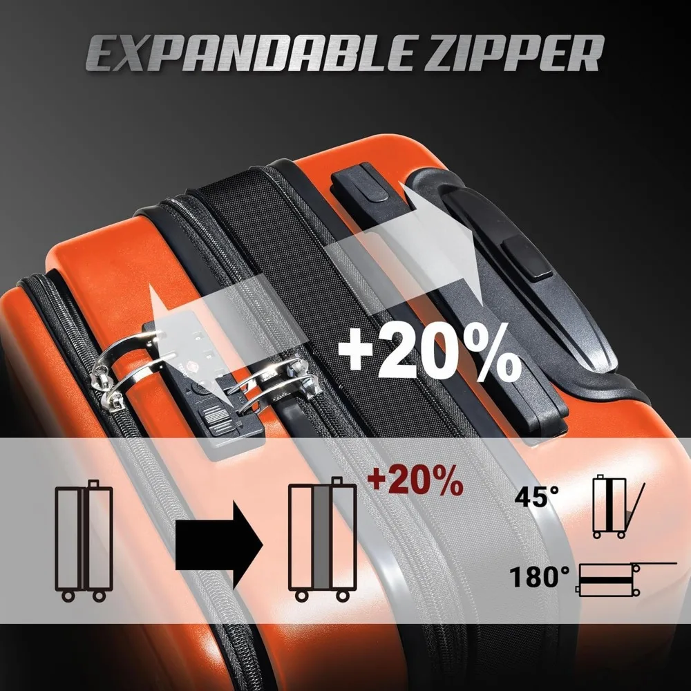 Mala de mão rígida extensível leve laranja de 20 polegadas com bolso frontal para viagens