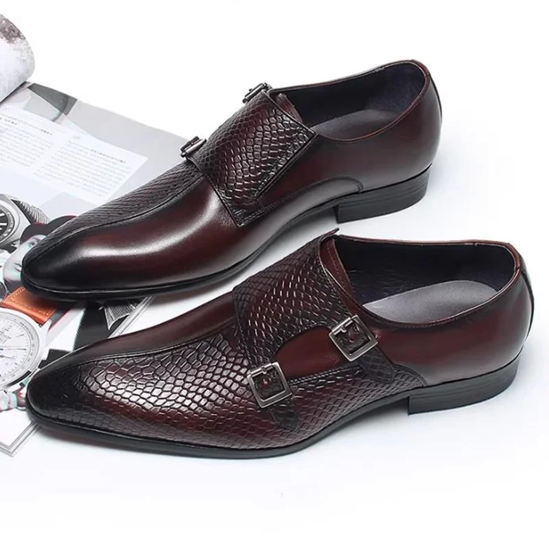 British Style Fish-scale Pattern Double Buckle Shoes Man Leather Formal Loafers Men's Monk Shoes Genuine Leather Dress Shoes