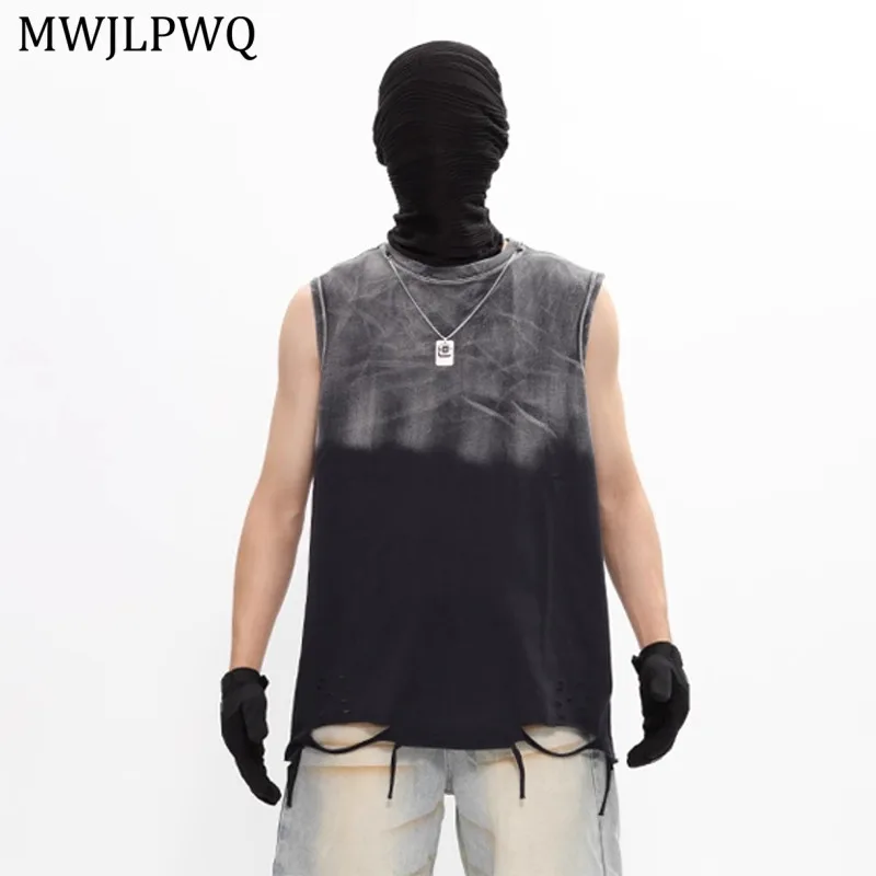 

MWJLPWQ Washed Vintage Hip-hop Gradual Personality Oversized Vest Men's Loose Streetwear Sleeveless Loose Casual Tops Tide 11119