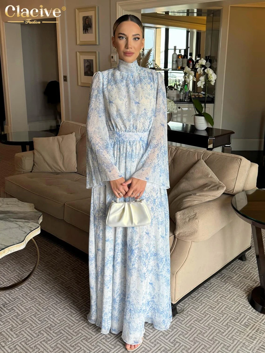 

Clacive Fashion Loose Print Women Dress 2026 Autumn Turtleneck Long Sleeve Ankle Length Dresses Elegant High Waist Female Dress