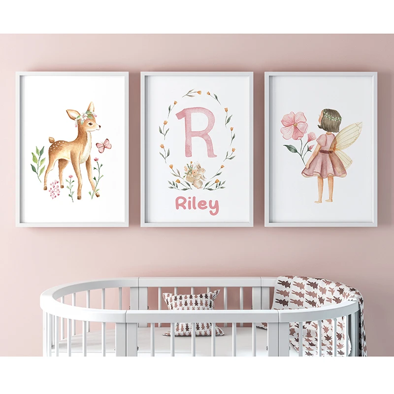 

Pink Fairy Kids' Name Customized Wall Art Canvas Paintings Posters and Prints for Girl's Bedroom Decor Baby Shower Gift Pictures