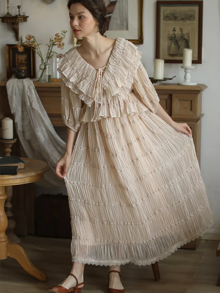 AIGYPTOS Spring Summer Fall Dress Women Elegant Lantern Sleeve Pleated Dress Vintage Victorian Luxury Shinny Sequined Maxi Dress