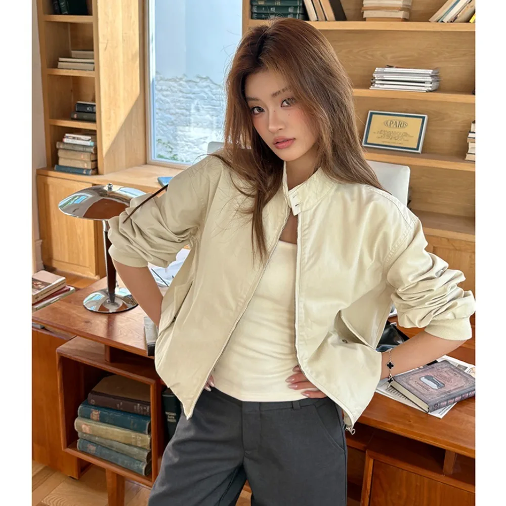 Solid Color 2026 Autumn New American Retro Casual Stand-up Neck Zipper Cardigan Jacket Women's Long-sleeved Top Versatile Coat