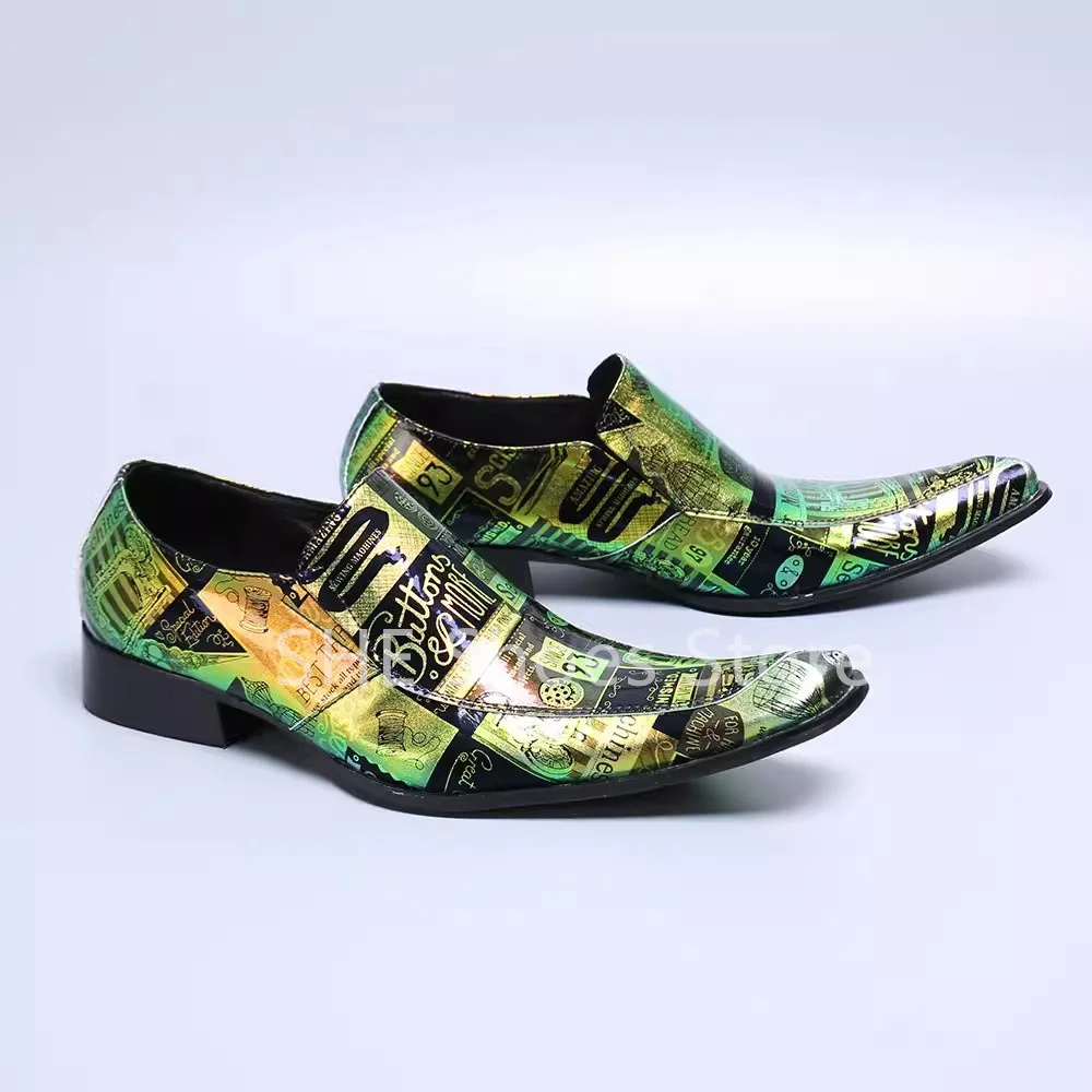 Mixed Color Print Shallow Slip-On Loafers for Men Irregular Pointed Toe Low Heel Oxfords Male Party Dress Genuine Leather Shoes