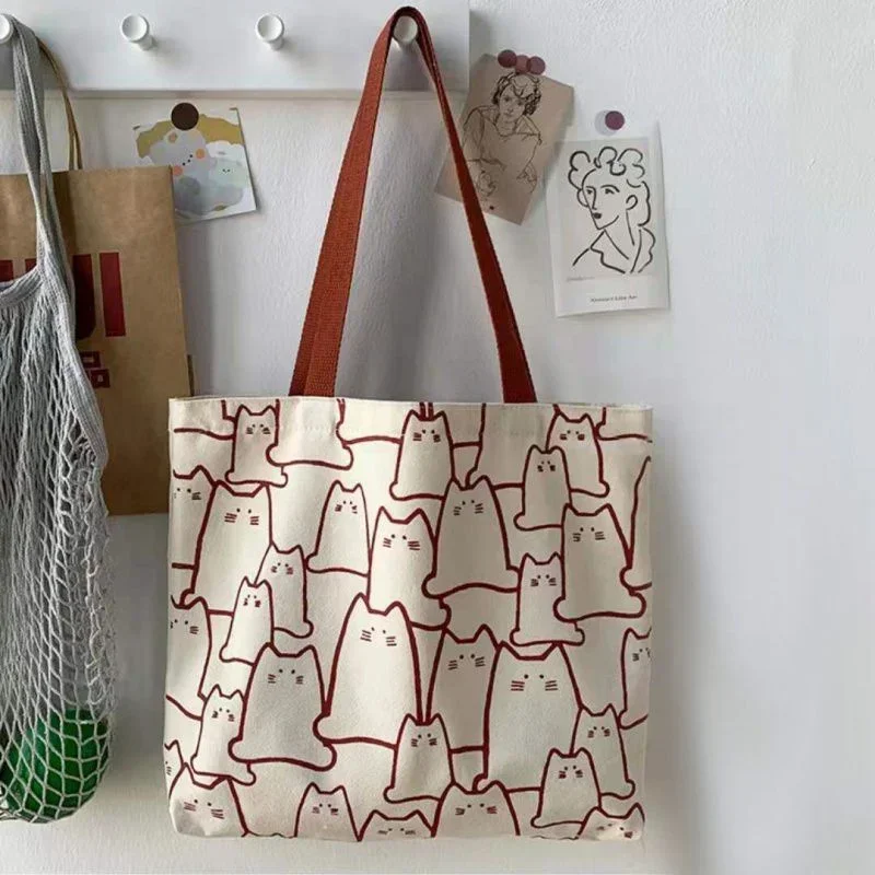 Women Shopper Bag Cute Cat Casual Women Shopping Bag Reusable Cute Pet Animal Canvas Lady Tote Handbag Book Pouch